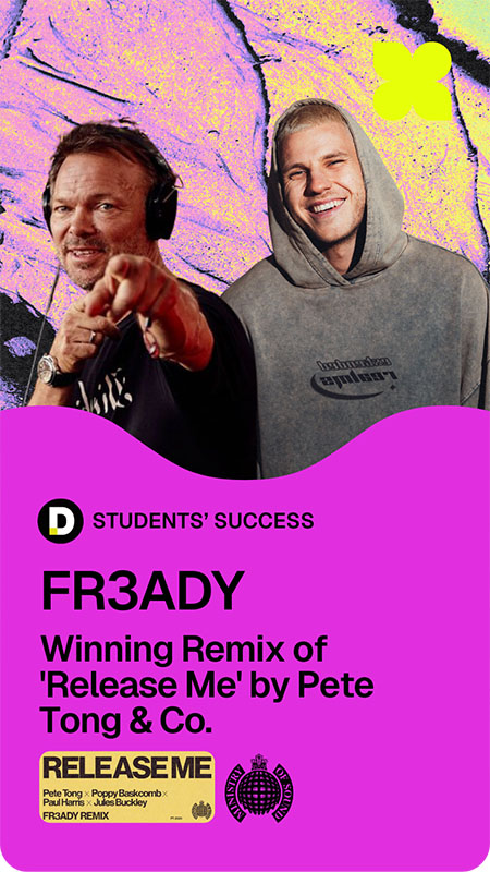 Pete Tong DJ Academy student FR3ADY recognized for the winning remix of 'Release Me' by Pete Tong & Co., featured in the Students' Success showcase