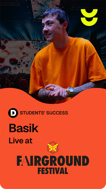 Pete Tong DJ Academy student Basik performing live at Fairground Festival, featured in the Students' Success showcase