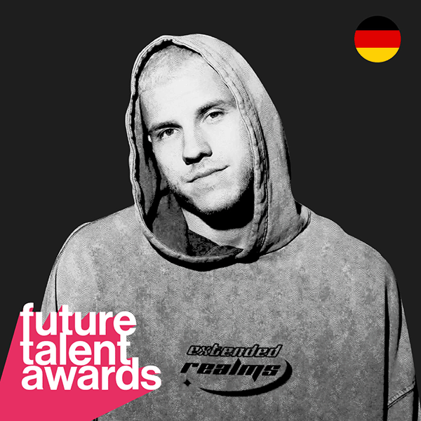 Black and white portrait of a Future Talent Awards nominee, with event branding and a Swiss flag icon in the corner