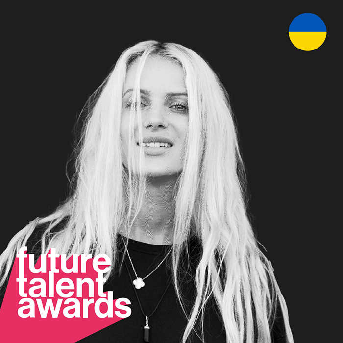 Black and white portrait of a Future Talent Awards nominee, with event branding and a Swiss flag icon in the corner