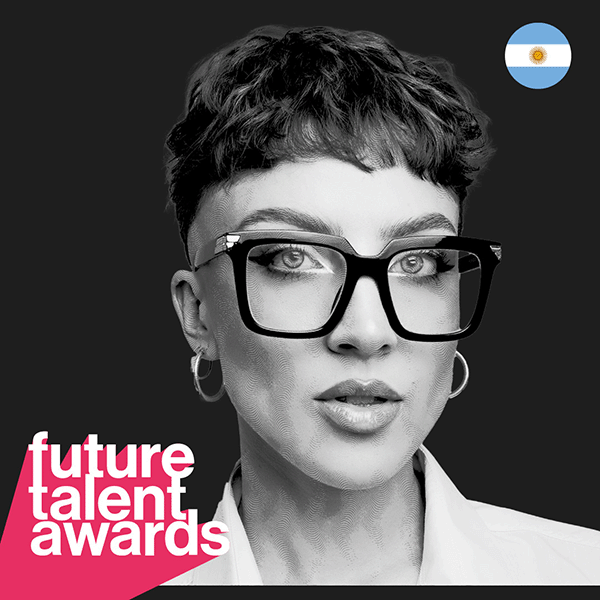 Black and white portrait of a Future Talent Awards nominee, with event branding and a Swiss flag icon in the corner