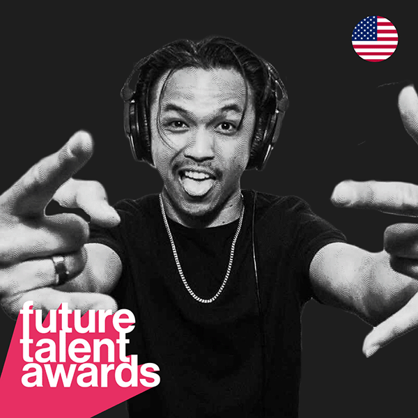 Black and white portrait of a Future Talent Awards nominee, with event branding and a Swiss flag icon in the corner