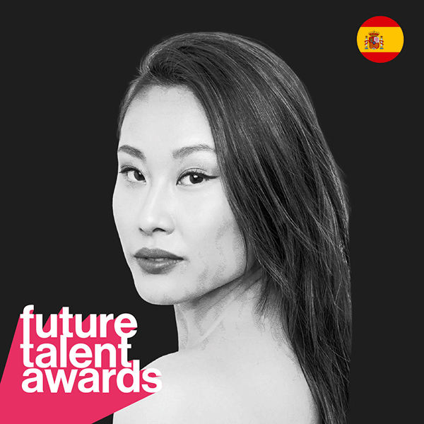 Black and white portrait of a Future Talent Awards nominee, with event branding and a Swiss flag icon in the corner