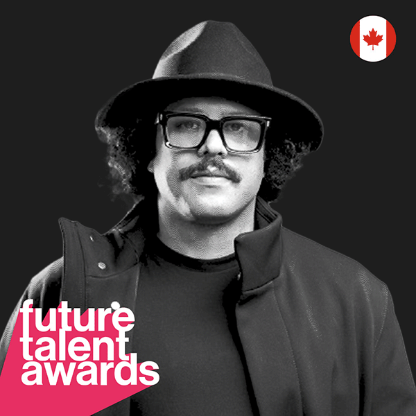 Black and white portrait of a Future Talent Awards nominee, with event branding and a Swiss flag icon in the corner