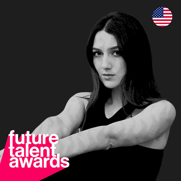 Black and white portrait of a Future Talent Awards nominee, with event branding and a Swiss flag icon in the corner