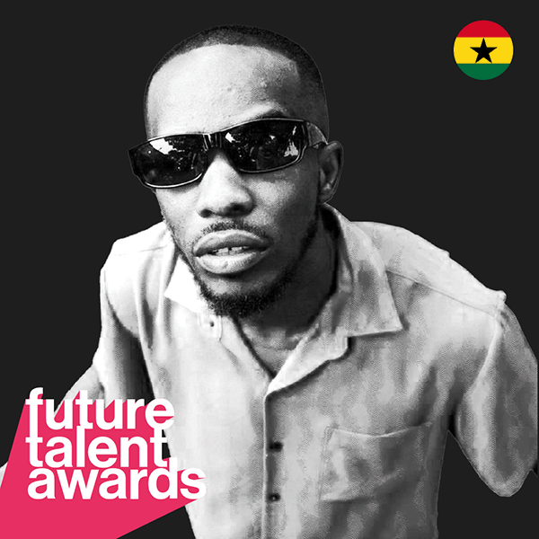 Black and white portrait of a Future Talent Awards nominee, with event branding and a Swiss flag icon in the corner