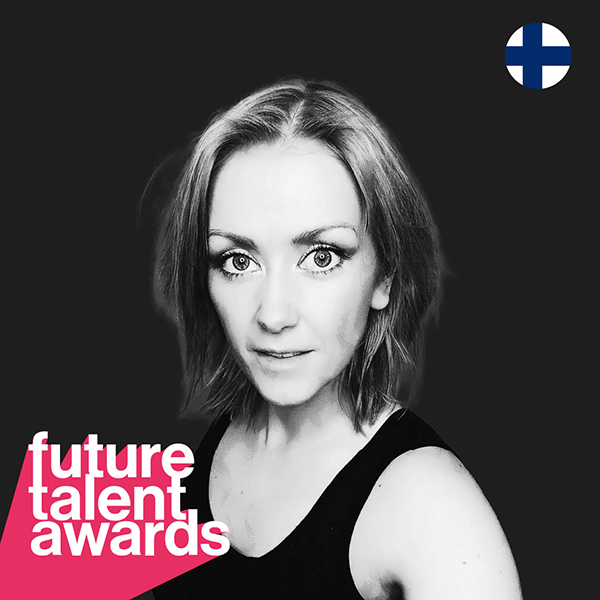 Black and white portrait of a Future Talent Awards nominee, with event branding and a Swiss flag icon in the corner