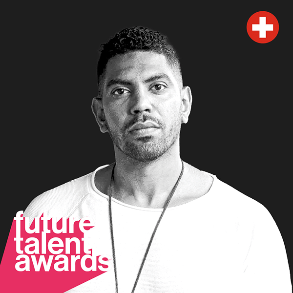 Black and white portrait of a Future Talent Awards nominee, with event branding and a Swiss flag icon in the corner