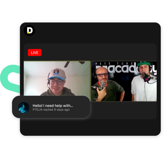 Pete Tong DJ Academy live session with instructors and a student on a video call, featuring a help request notification