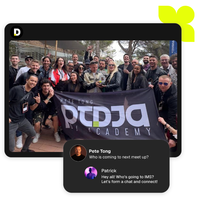 Pete Tong DJ Academy community meetup with a group of DJs holding a PTDJA banner. On-screen chat shows Pete Tong and members discussing the next event