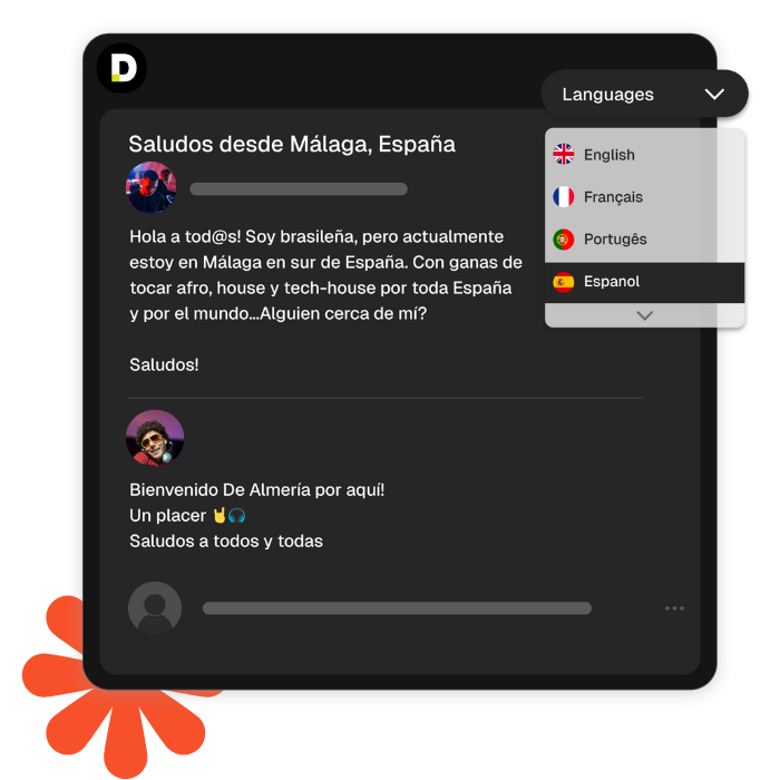 Pete Tong DJ Academy community forum with a multilingual interface, showing a conversation in Spanish about DJing in Málaga, Spain