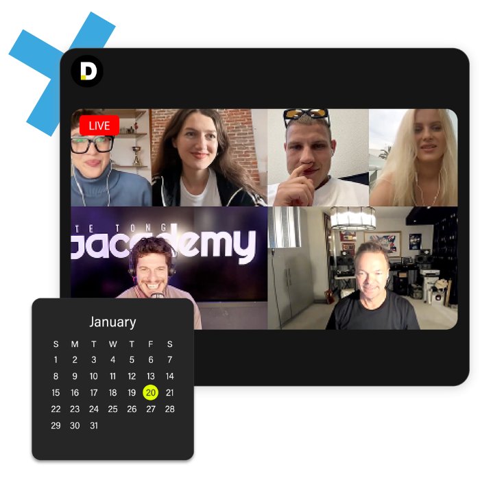 Pete Tong DJ Academy live mentoring session with DJs on a video call, featuring a calendar for scheduling