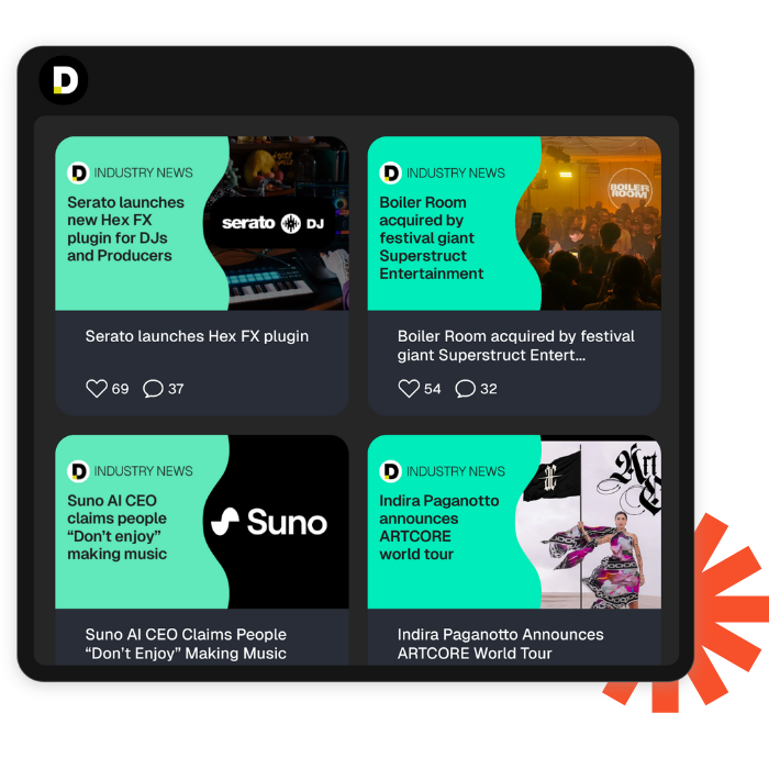 Pete Tong DJ Academy industry news section featuring updates on Serato Hex FX, Boiler Room acquisition, Suno AI, and Indira Paganotto’s world tour