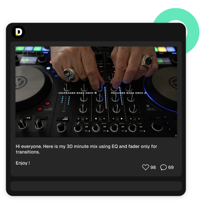 Close-up of a DJ adjusting EQ and faders on a professional DJ controller. The post describes a 30-minute mix using EQ and fader-only transitions, with likes and comments visible