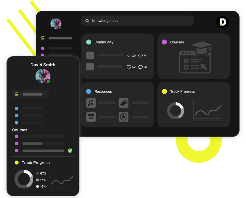 Pete Tong DJ Academy student dashboard displayed on desktop and mobile, showing course progress, community interactions, resources, and track progress analytic