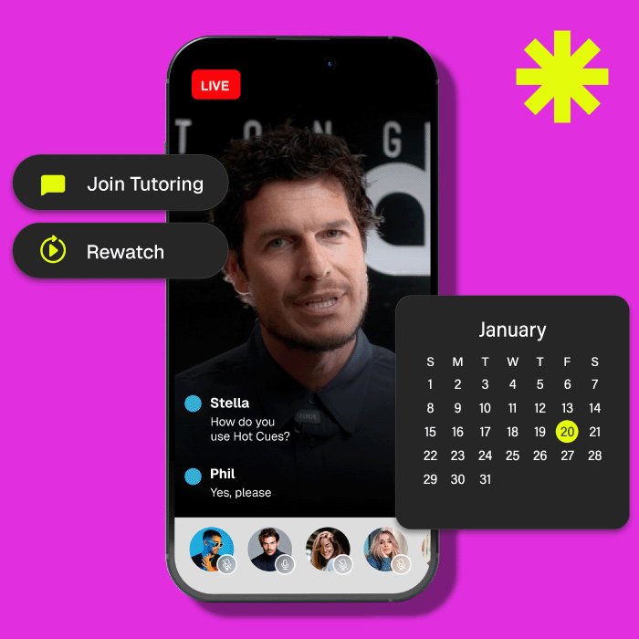 Pete Tong DJ Academy live tutoring session on a mobile screen, featuring a DJ instructor answering student questions. Options for joining tutoring and rewatching sessions, along with a calendar for scheduling