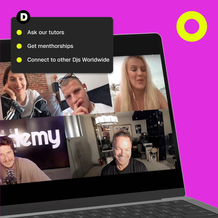 Pete Tong DJ Academy online mentorship session on a laptop screen, featuring tutors and DJs connecting worldwide. On-screen text highlights tutoring, mentorship, and networking opportunities