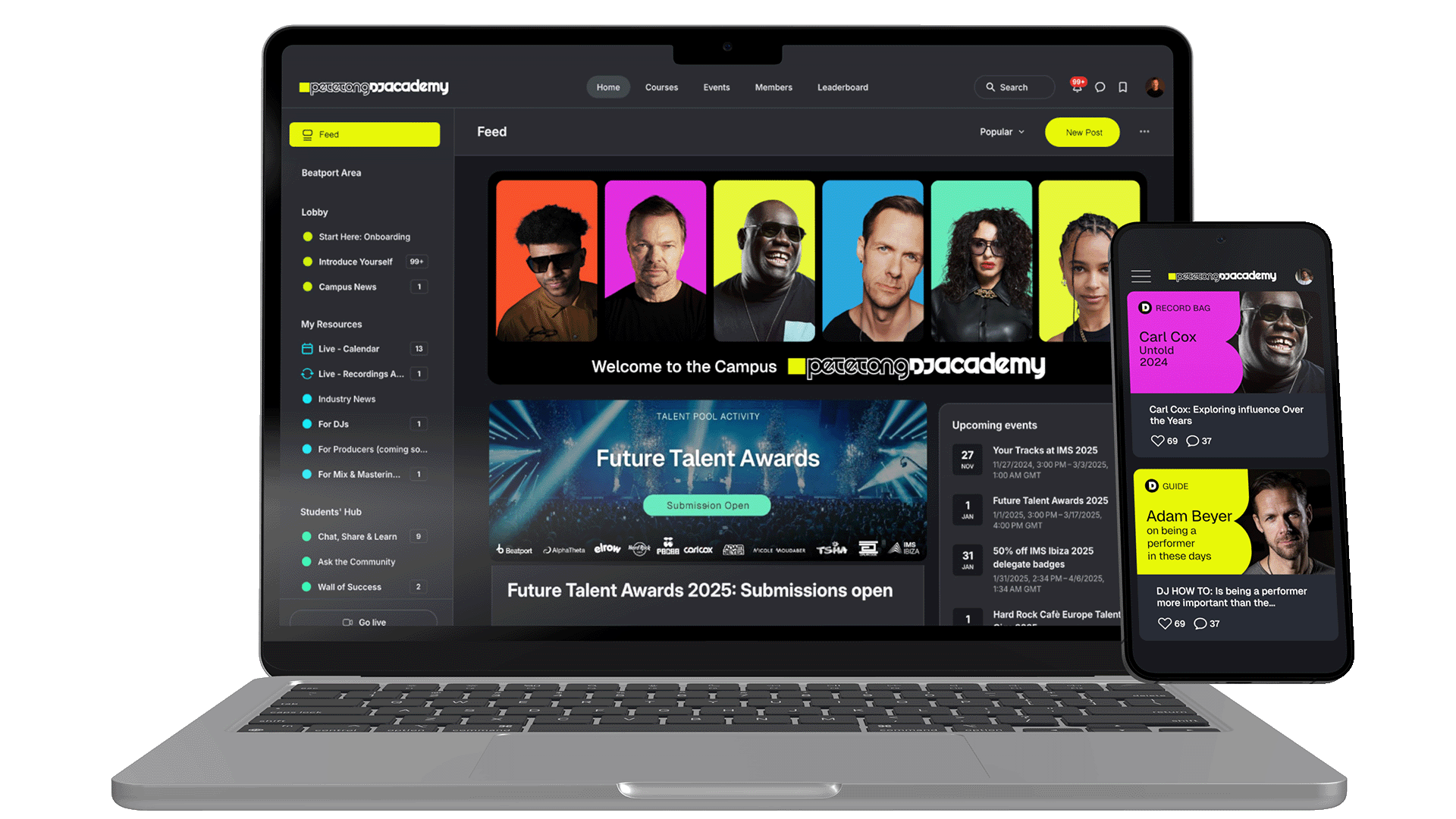 Pete Tong DJ Academy platform on laptop and mobile, featuring DJ courses