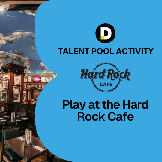 Talent Pool Activity promotion for DJs to play at Hard Rock Cafe, featuring the Hard Rock Cafe logo and an interior view of the venue