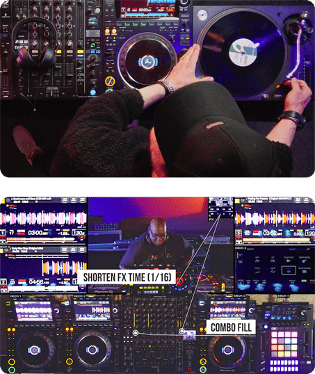 DJ performing on a hybrid setup with turntables, CDJs, and a professional mixer. Second view features Carl Cox using effects like 'Shorten FX Time' and 'Combo Fill' on a multi-deck Pioneer DJ system