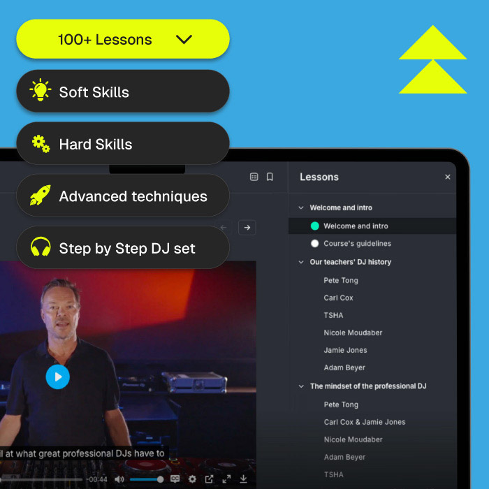 Pete Tong DJ Academy online course interface showing lessons on DJ skills, advanced techniques, and step-by-step DJ sets. Video lesson with Pete Tong on screen