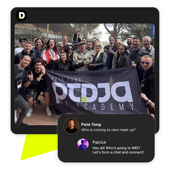 Pete Tong DJ Academy community meetup with a group of DJs holding a PTDJA banner. On-screen chat shows Pete Tong and members discussing the next event
