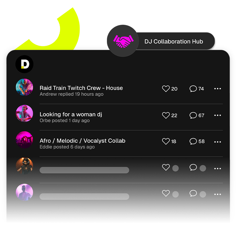 DJ Collaboration Hub interface showing a community feed with posts from DJs looking for collaborations in different music genres