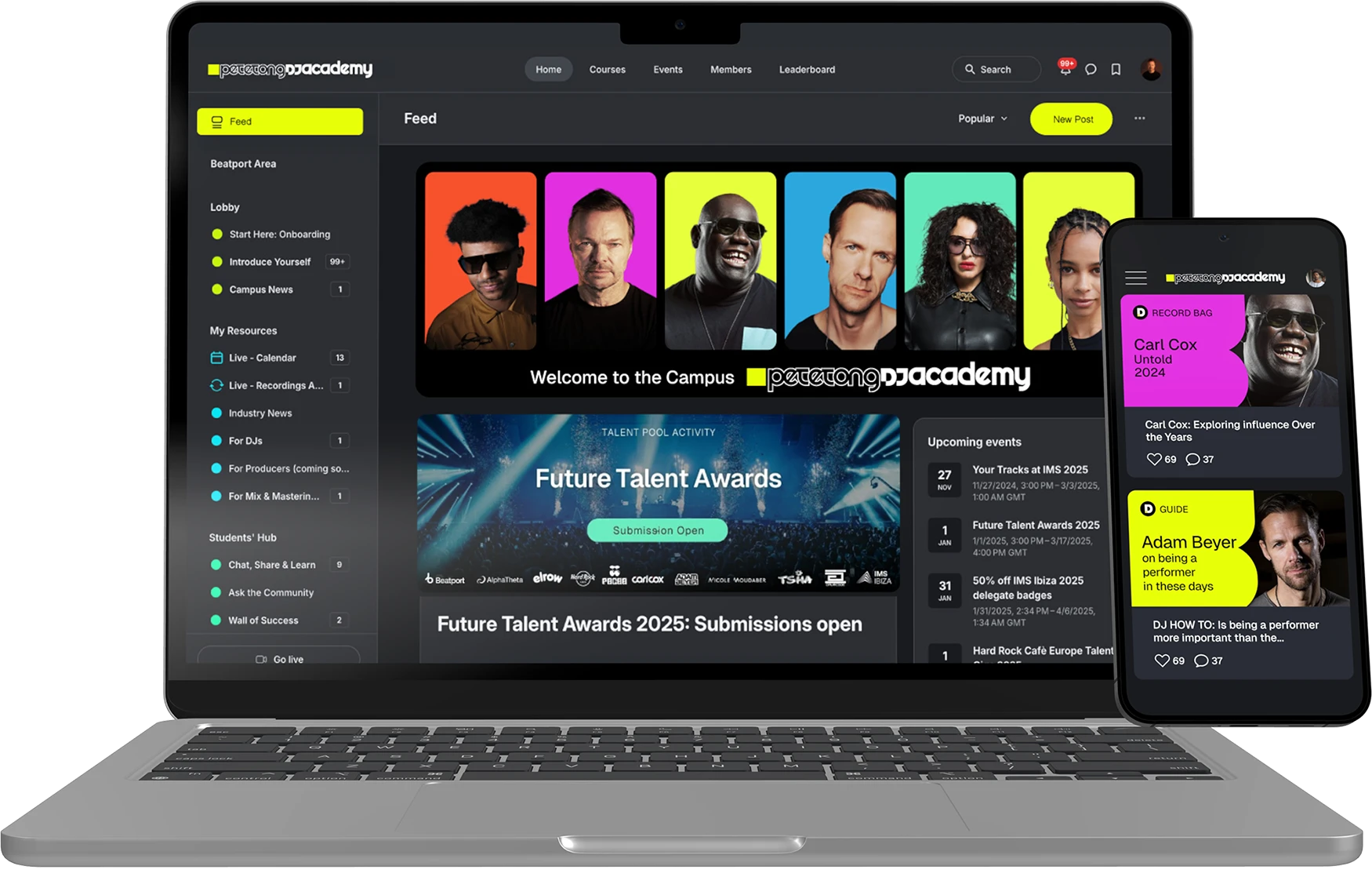 Pete Tong DJ Academy platform on laptop and mobile, featuring DJ courses