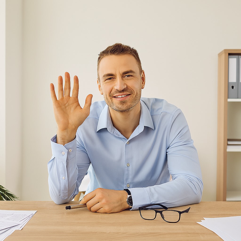 A smiling man in a light blue shirt sits at a desk, waving with one hand, with papers, glasses, and a pen in front of him in a bright, modern office.