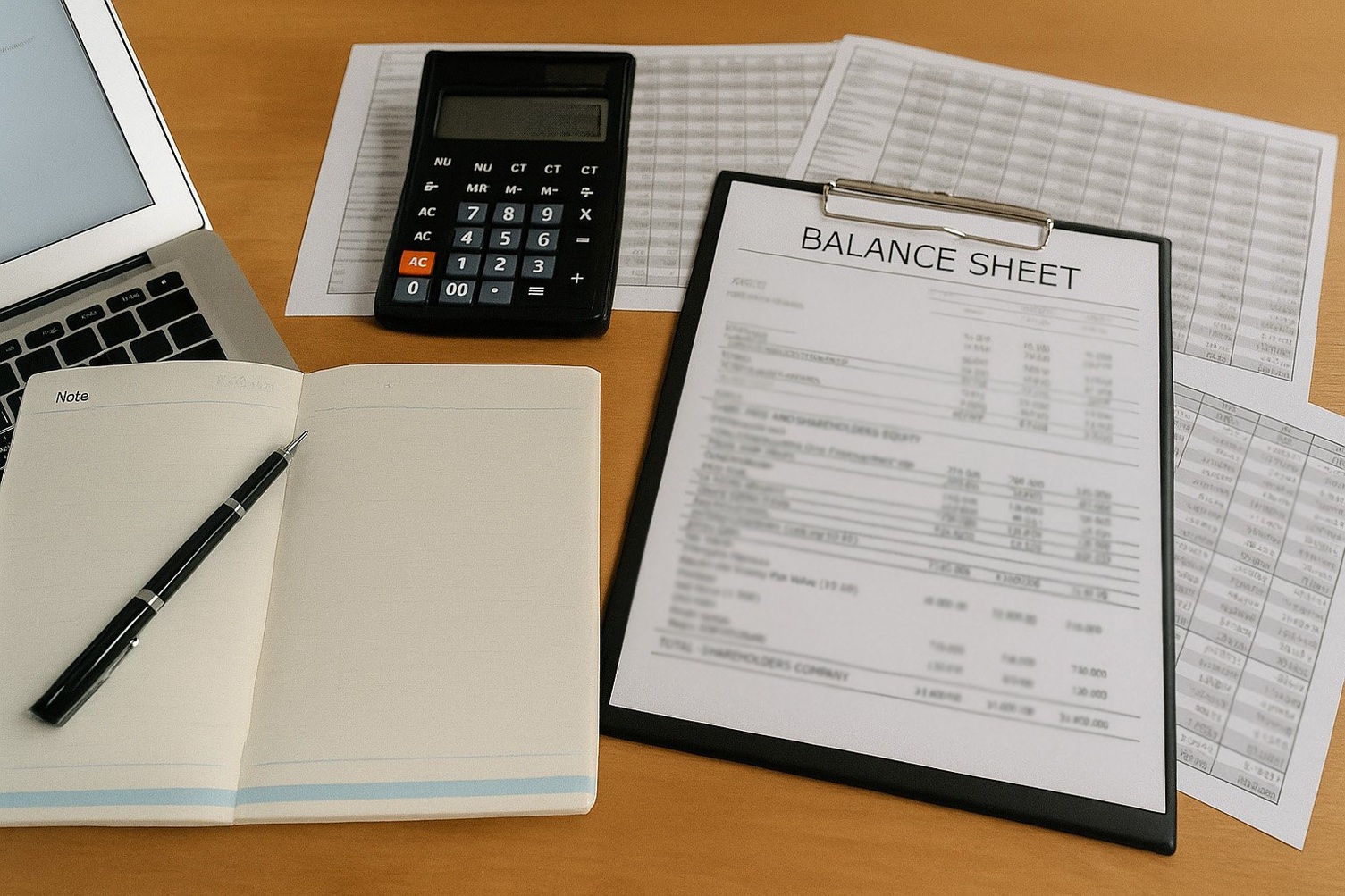 Balance sheet on clipboard, calculator, notebook with pen, and financial documents on an office desk