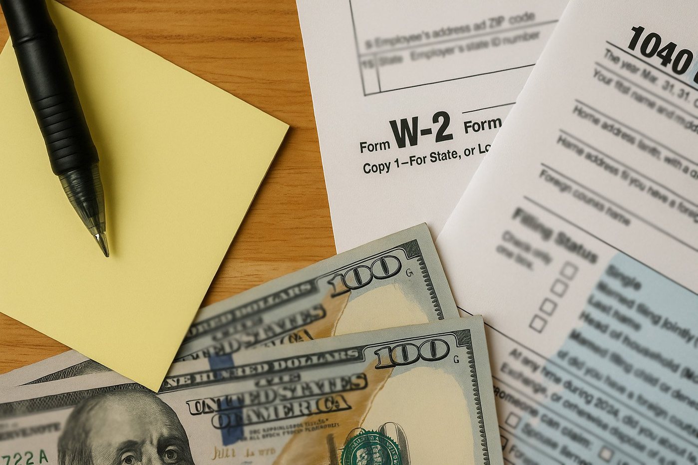Tax forms W-2 and 1040 with two $100 bills, a pen, and notepad on a wooden desk for tax preparation.