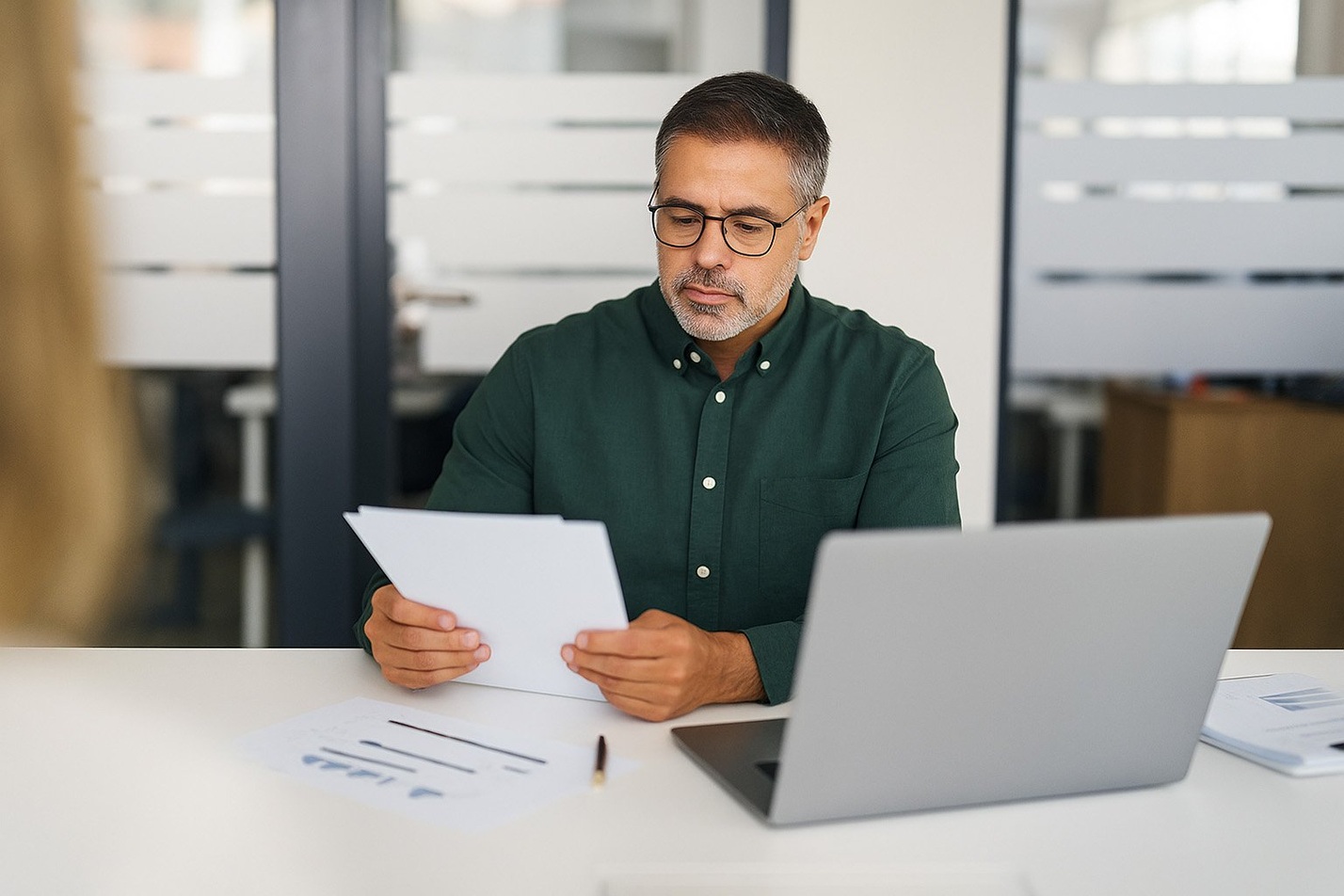 Business professional reviewing documents at desk with laptop and financial reports in modern office.