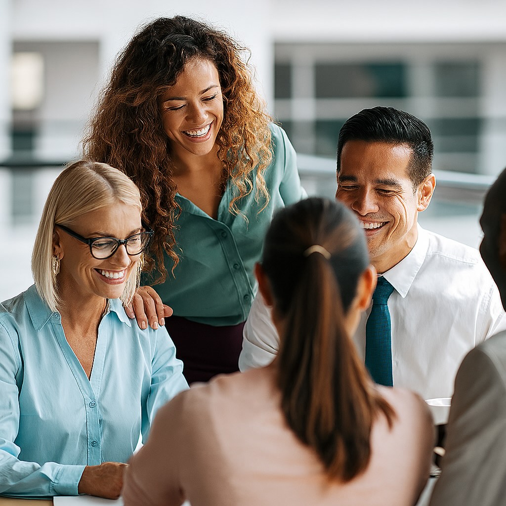 A group of five coworkers, smiling and engaged in conversation, sit and stand around a table in a bright, modern office.