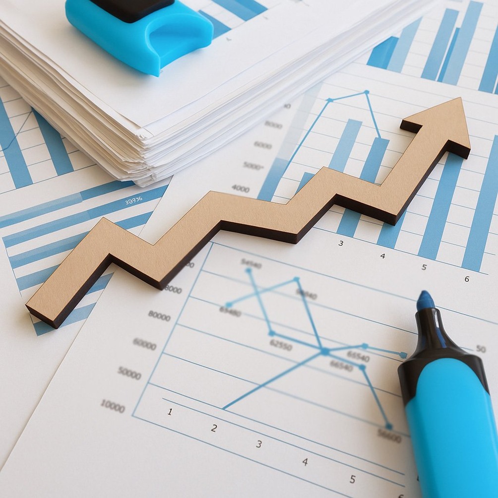Arrow showing business growth on financial charts with blue highlighter and stacked documents.