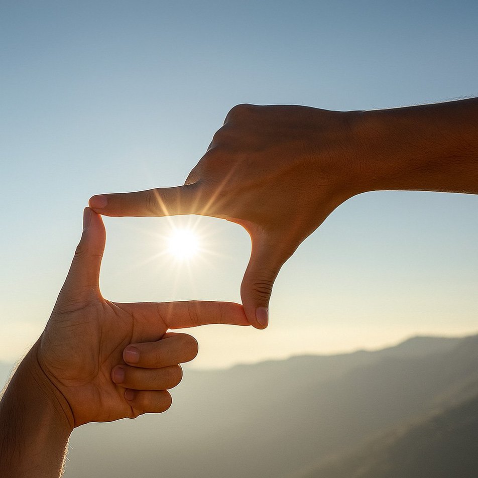 Hands framing a bright sun over mountains, symbolizing vision, planning, and new opportunities