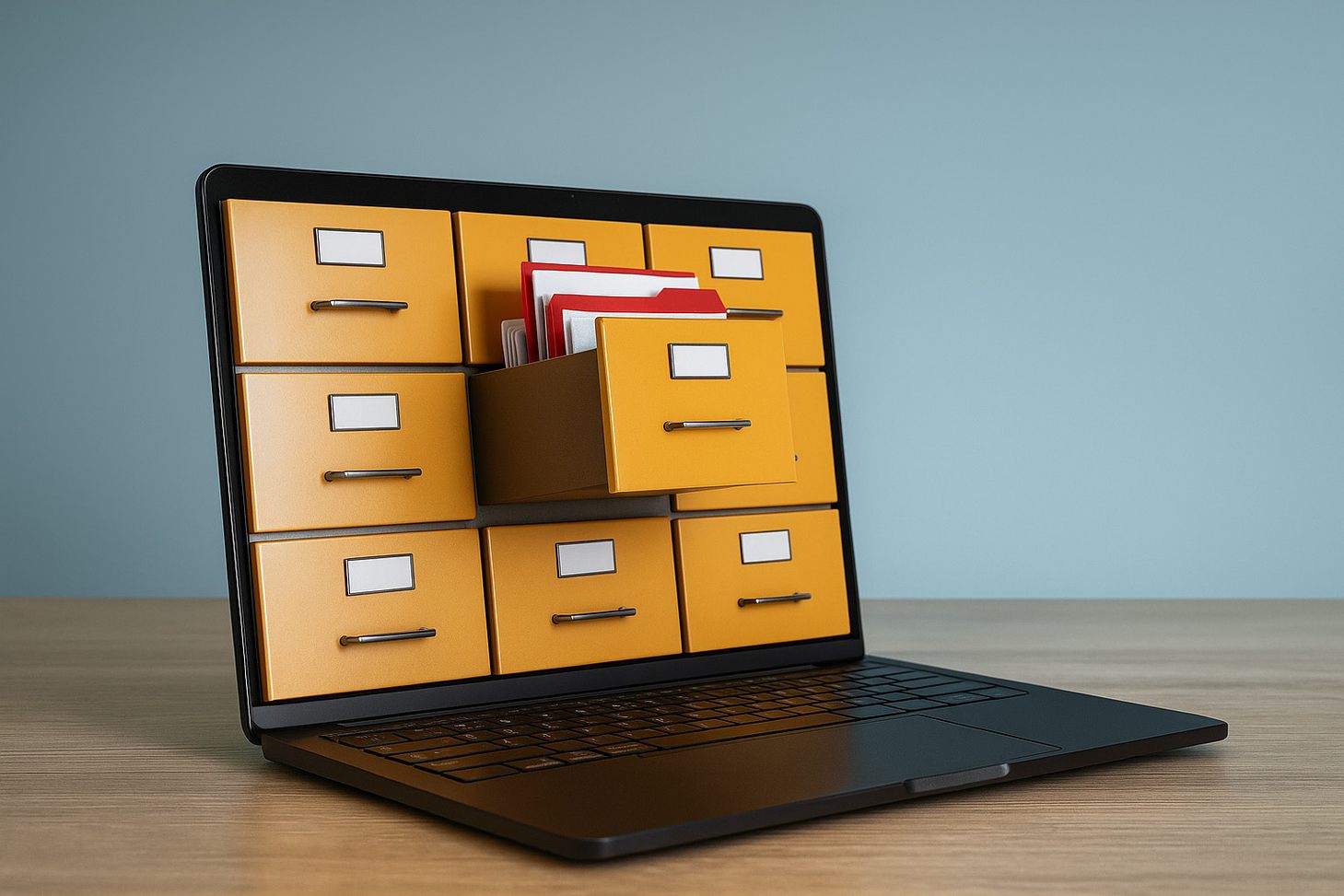 Laptop screen displaying digital filing cabinet with open drawer and organized folders.