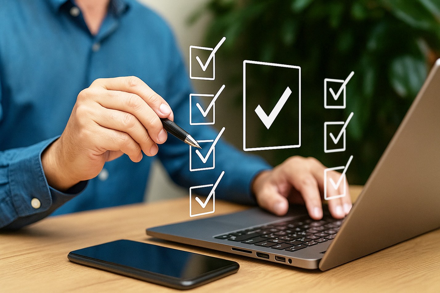 Business professional checking off digital task list on laptop at desk with smartphone nearby