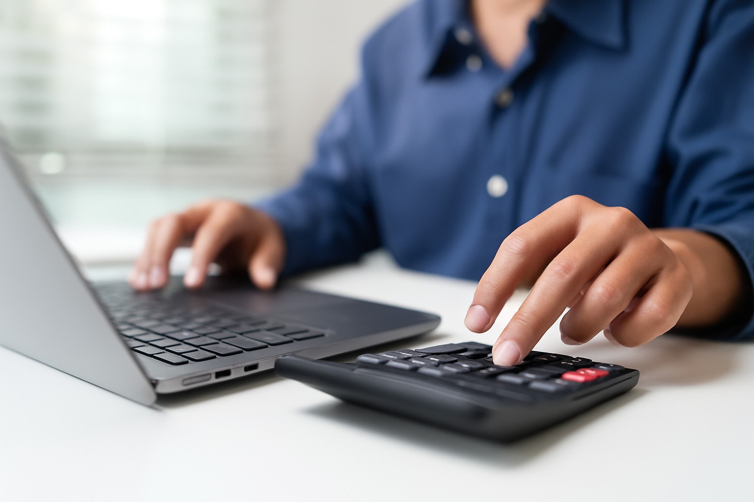 Business professional working on laptop and calculator for financial calculations and accounting tasks.