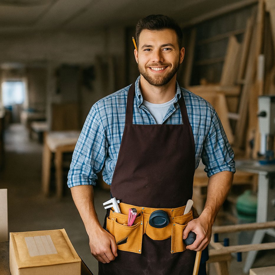 Smiling carpenter in apron and tool belt standing in a woodworking shop, ready for custom furniture projects.