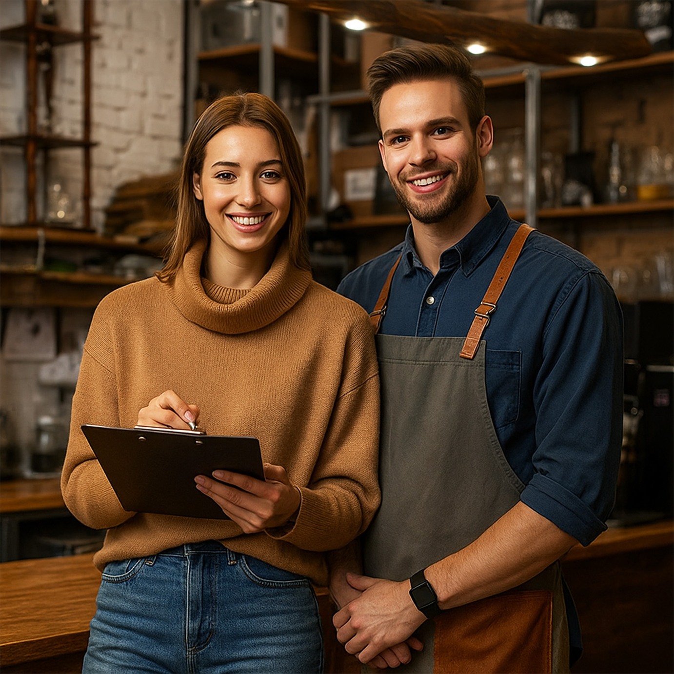 Smiling barista team standing at café counter, woman holding clipboard, welcoming customers.