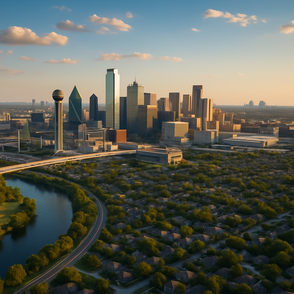 Aerial view of downtown Dallas at sunset, with the skyline glowing in warm light, a winding river in the foreground, and suburban neighborhoods stretching into the distance.