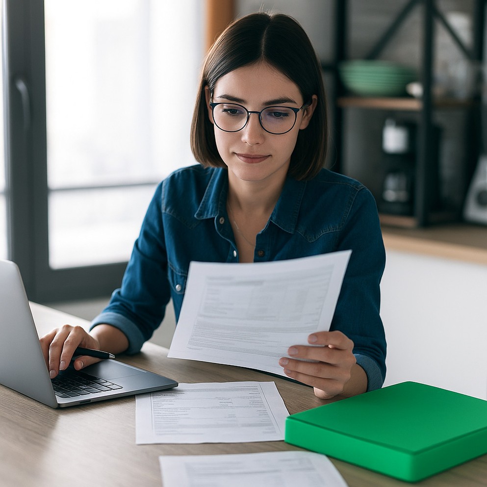Businesswoman reviewing financial documents at desk with laptop and green folder in modern office.