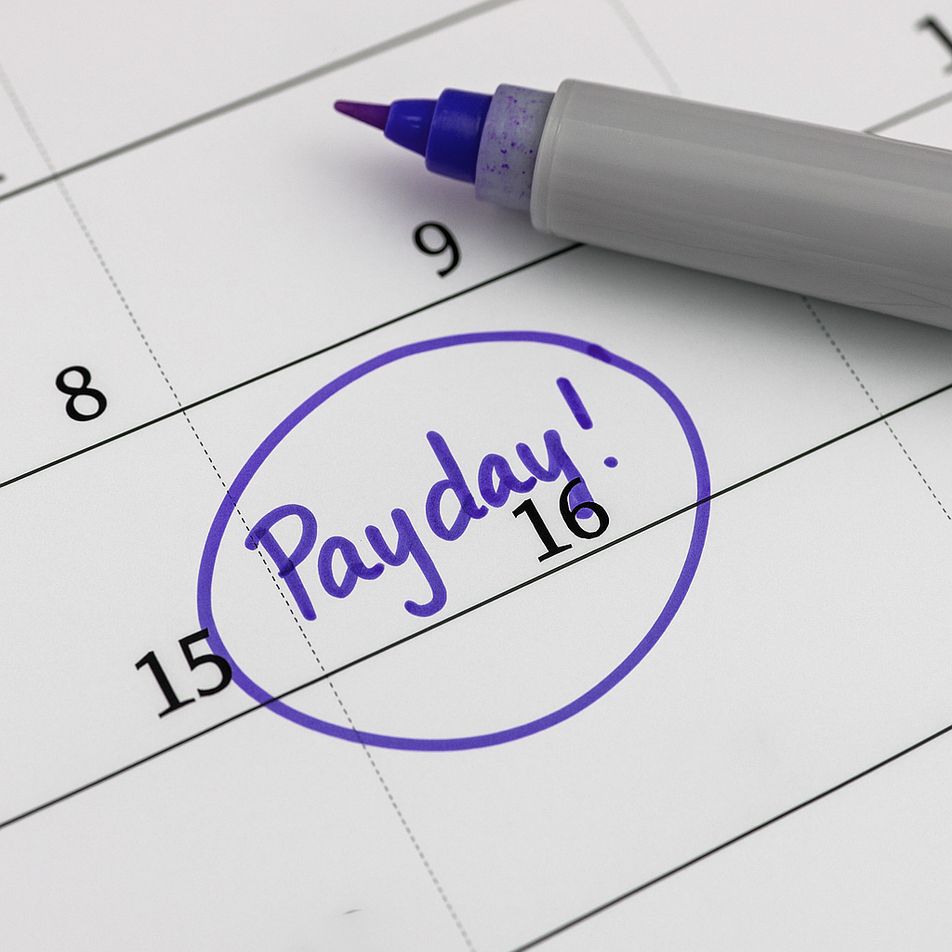 Calendar with the 16th circled in purple and labeled "Payday!" next to a purple marker