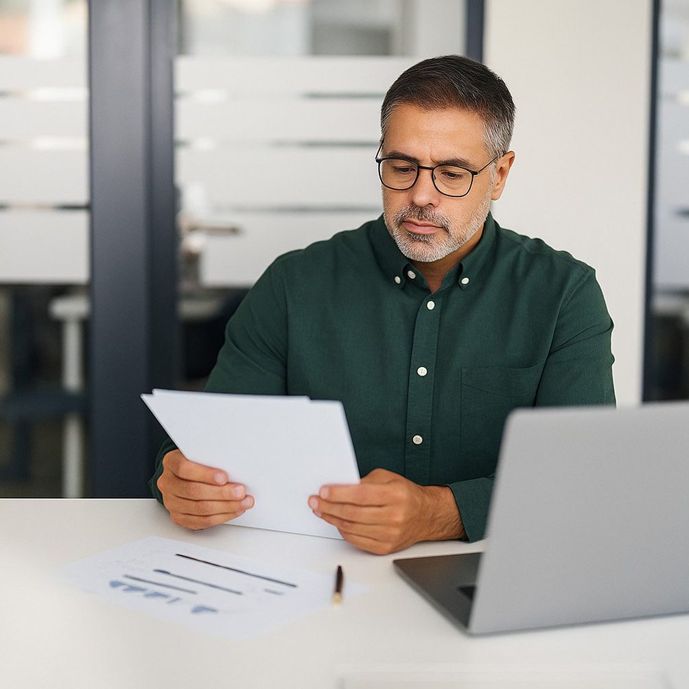 Business professional reviewing documents at desk with laptop and financial charts in modern office.