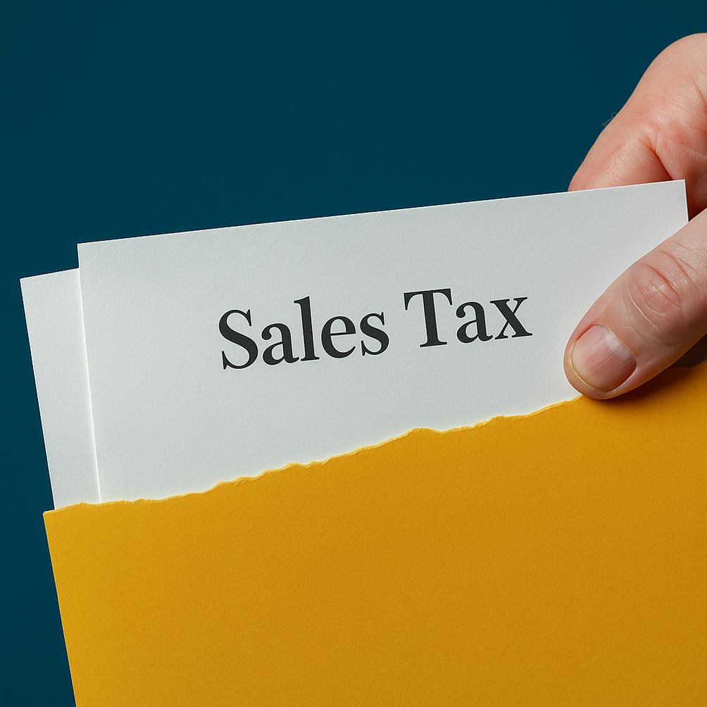 Hand holding a yellow folder with a document labeled Sales Tax against a blue background