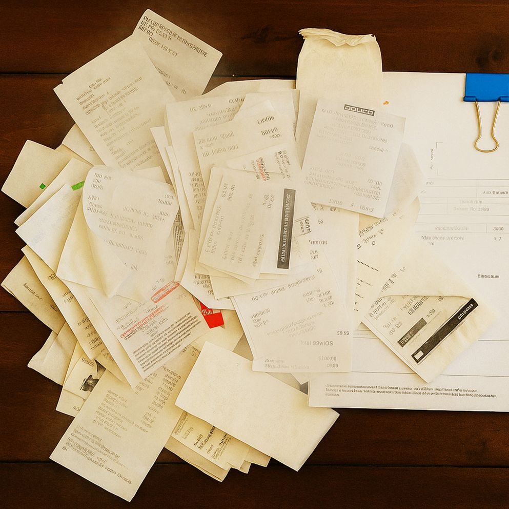 Scattered receipts and invoices on a wooden desk, illustrating bookkeeping and expense management tasks