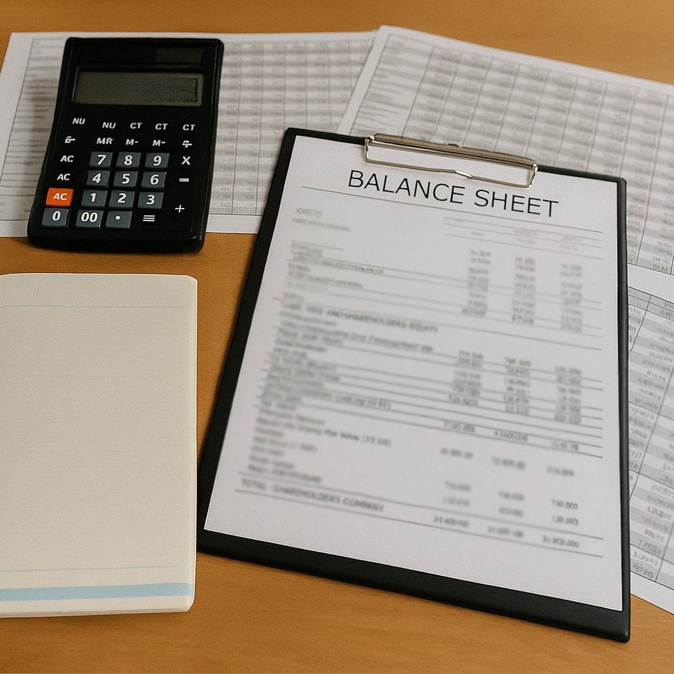 Balance sheet on a clipboard with a calculator and financial documents on a desk for accounting analysis