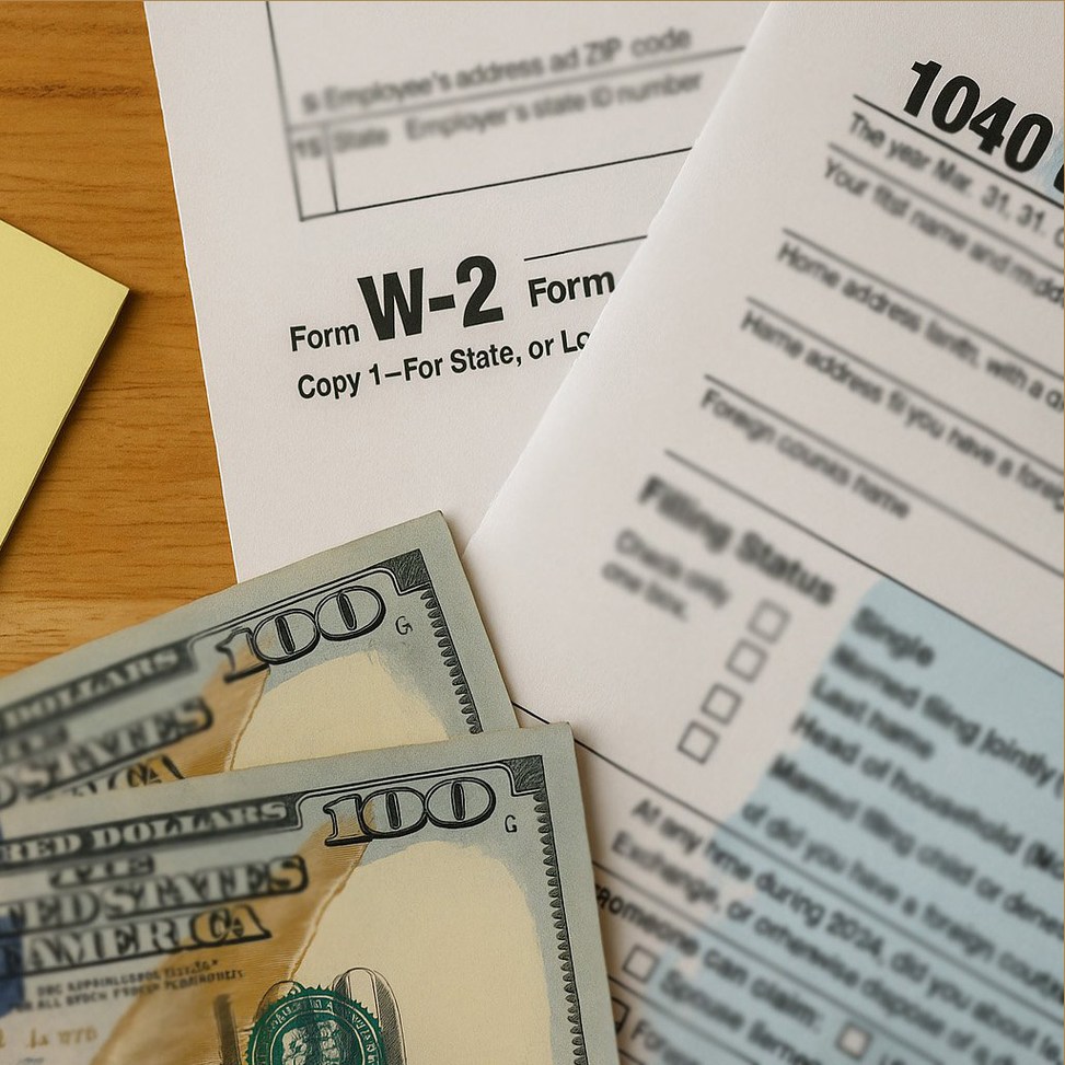 W-2 and 1040 tax forms with two hundred-dollar bills on a wooden desk, symbolizing tax refund or payment.
