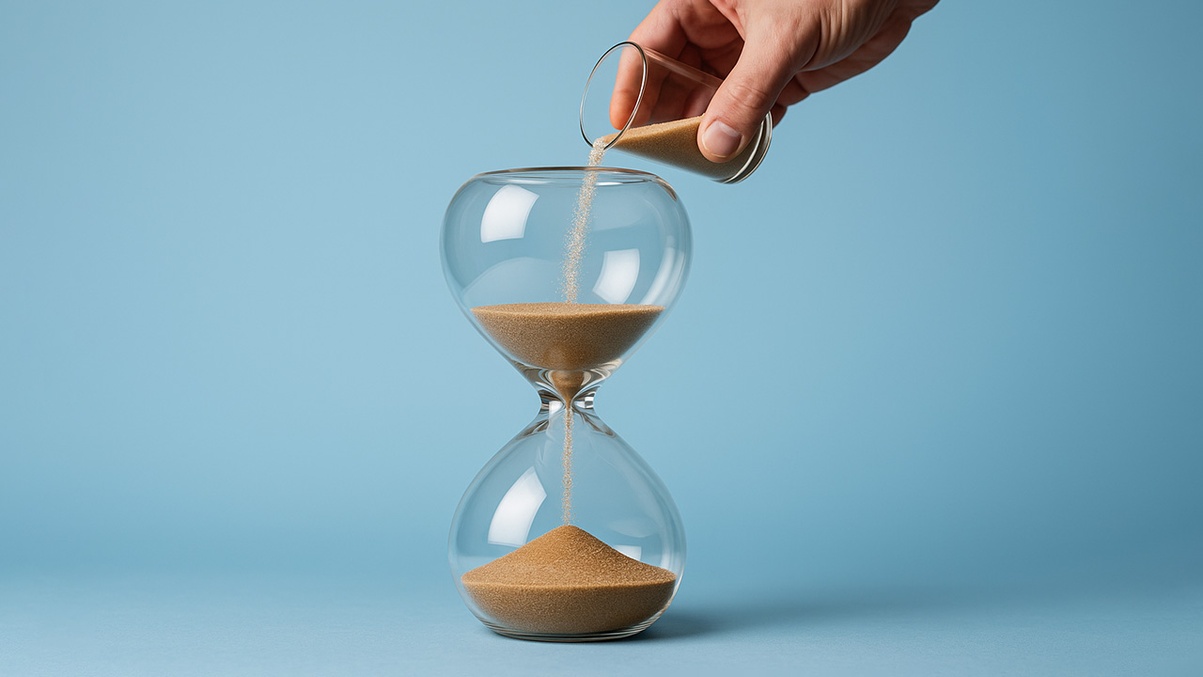 Hand pouring sand into a glass hourglass against a blue background, symbolizing time management and productivity.