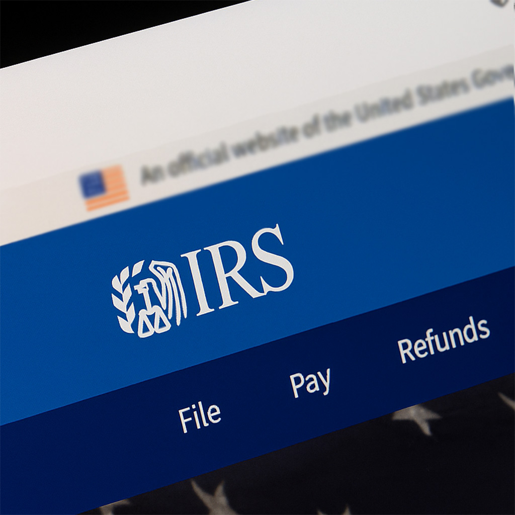 Close-up of the IRS website on a computer screen, showing the IRS logo and navigation menu options: File, Pay, and Refunds.